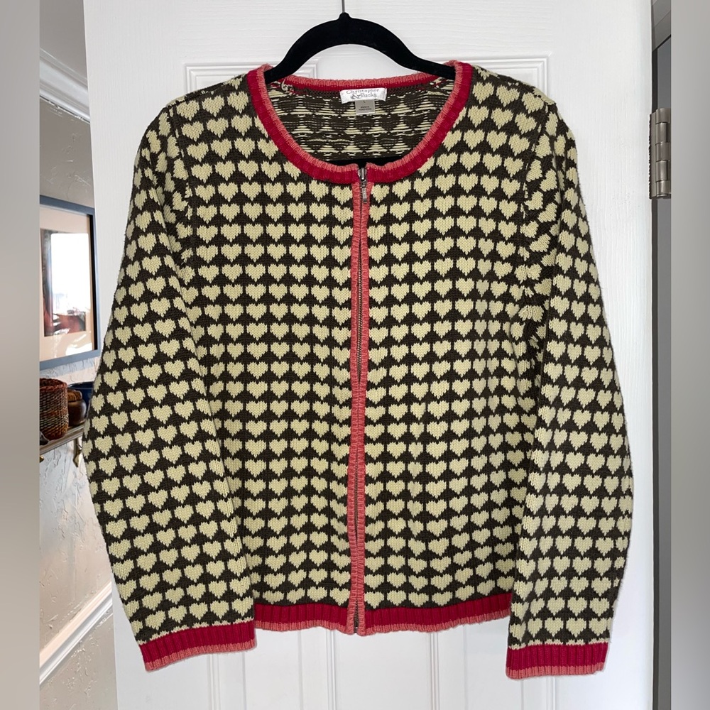 Vintage Heart Patterned Zip-Up Cardigan Sweater